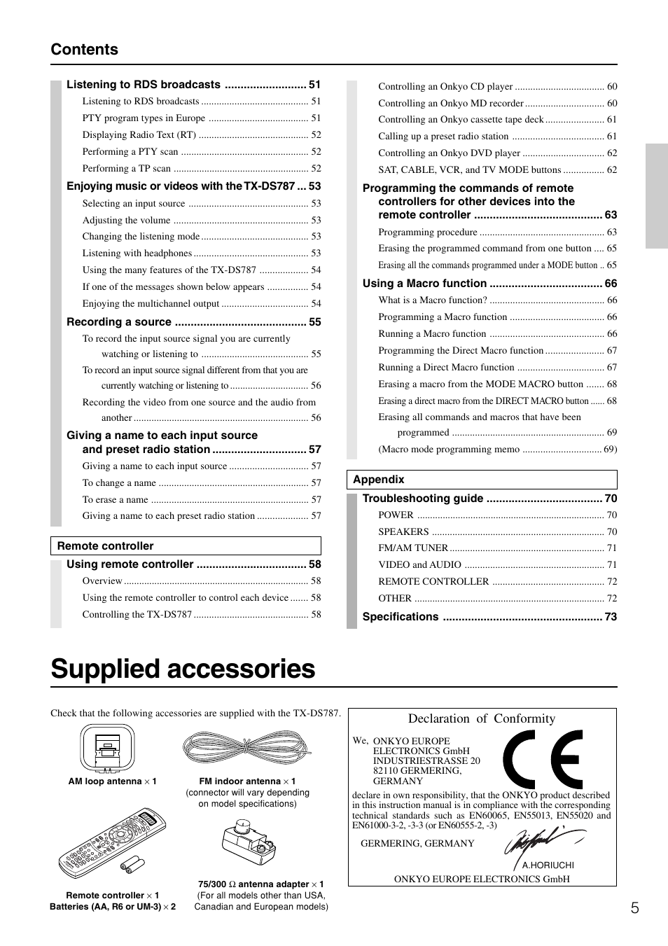 Supplied accessories, 5contents, Declaration of conformity | Onkyo TX-DS787 User Manual | Page 5 / 76