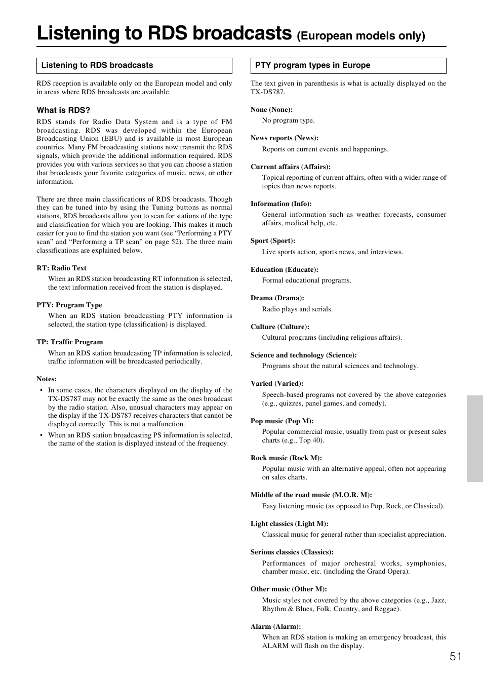 Listening to rds broadcasts, European models only) | Onkyo TX-DS787 User Manual | Page 51 / 76