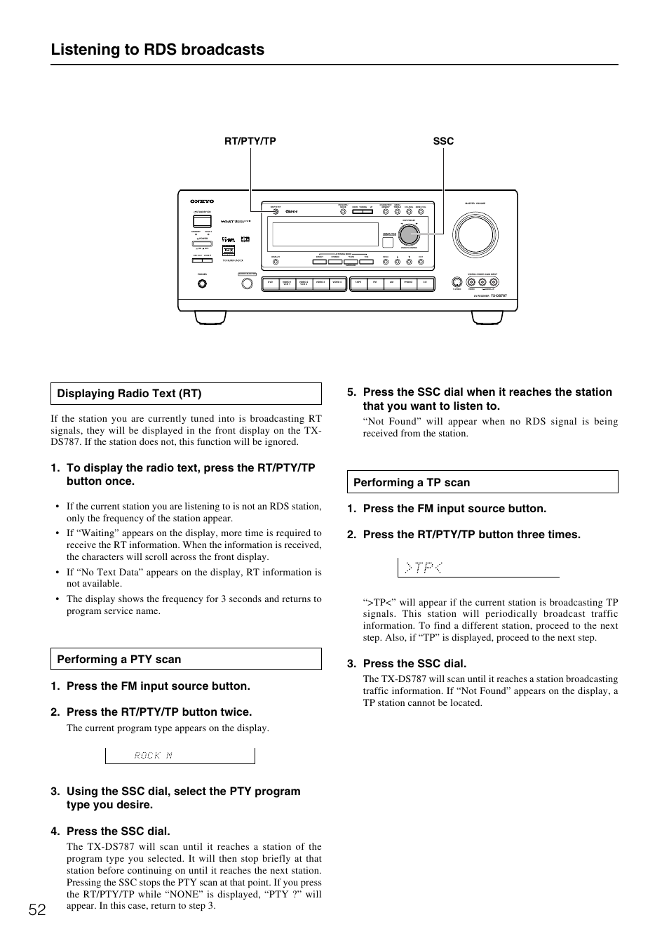 52 listening to rds broadcasts, Displaying radio text (rt), Press the ssc dial | The current program type appears on the display, Rt/pty/tp ssc | Onkyo TX-DS787 User Manual | Page 52 / 76
