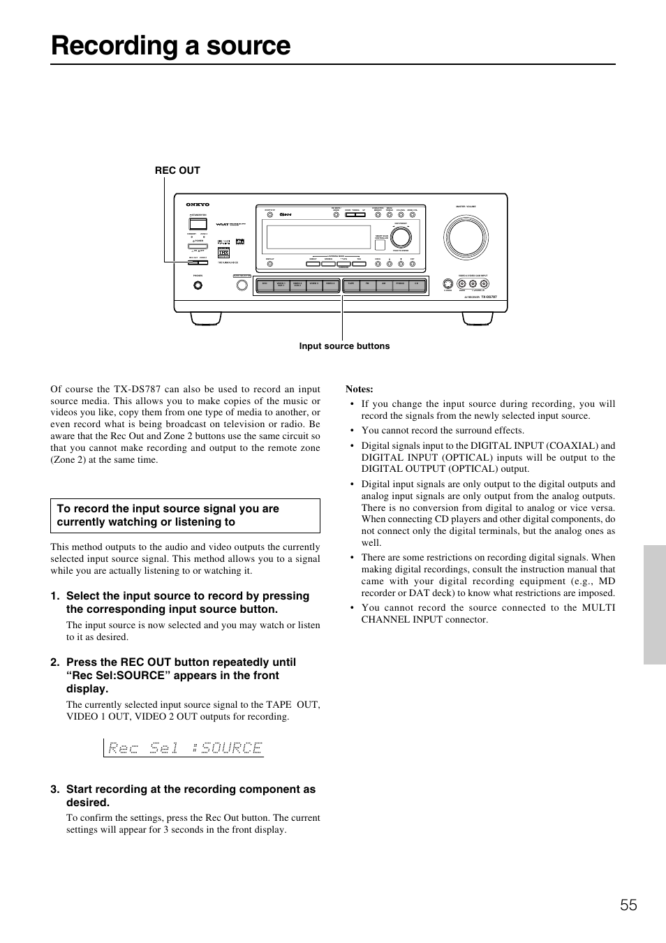 Recording a source, Rec out, Input source buttons | Onkyo TX-DS787 User Manual | Page 55 / 76