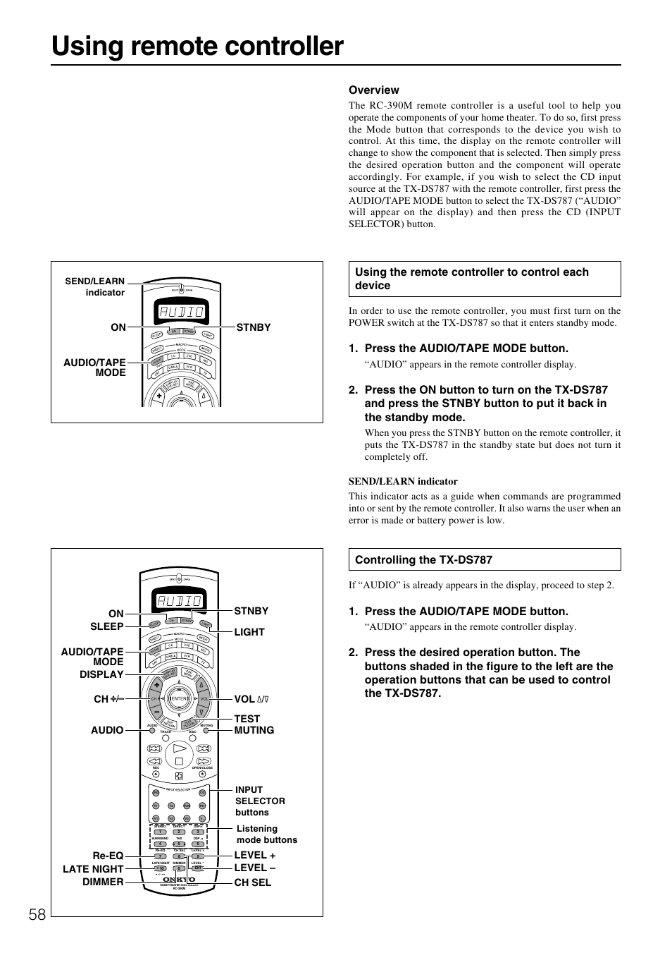 Using remote controller, Overview, Using the remote controller to control each device | Press the audio/tape mode button, Controlling the tx-ds787, Audio” appears in the remote controller display, On audio/tape mode stnby | Onkyo TX-DS787 User Manual | Page 58 / 76