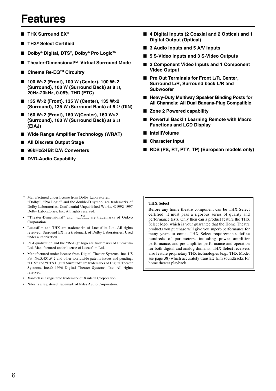 Features | Onkyo TX-DS787 User Manual | Page 6 / 76