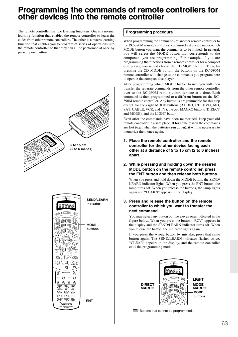 Programming procedure, Ent direct macro mode macro light, Send/learn indicator mode buttons mode buttons | Onkyo TX-DS787 User Manual | Page 63 / 76
