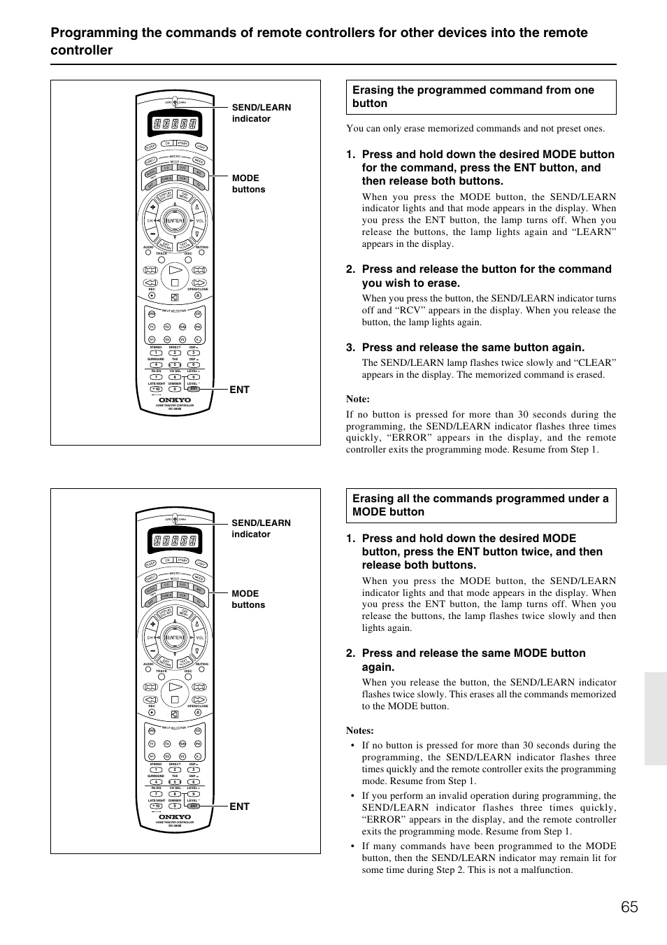 Erasing the programmed command from one button, Press and release the same button again, Press and release the same mode button again | Onkyo TX-DS787 User Manual | Page 65 / 76