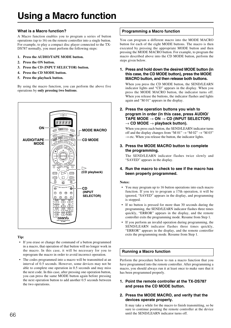 Using a macro function, Programming a macro function, Running a macro function | What is a macro function, Mode macro cd mode cd on audio/tape mode | Onkyo TX-DS787 User Manual | Page 66 / 76