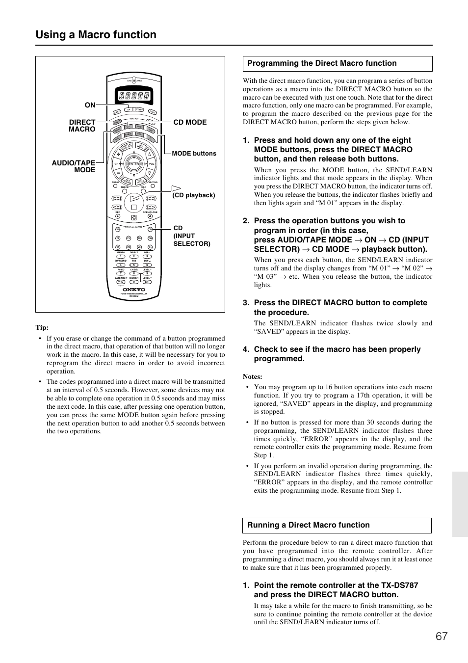 67 using a macro function, Programming the direct macro function, Running a direct macro function | Direct macro cd mode audio/tape mode on | Onkyo TX-DS787 User Manual | Page 67 / 76