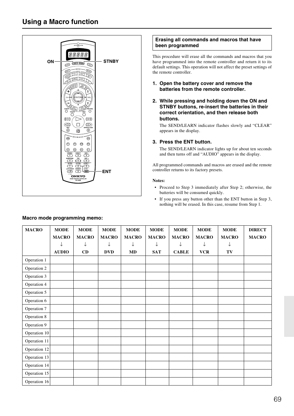 69 using a macro function, Press the ent button | Onkyo TX-DS787 User Manual | Page 69 / 76