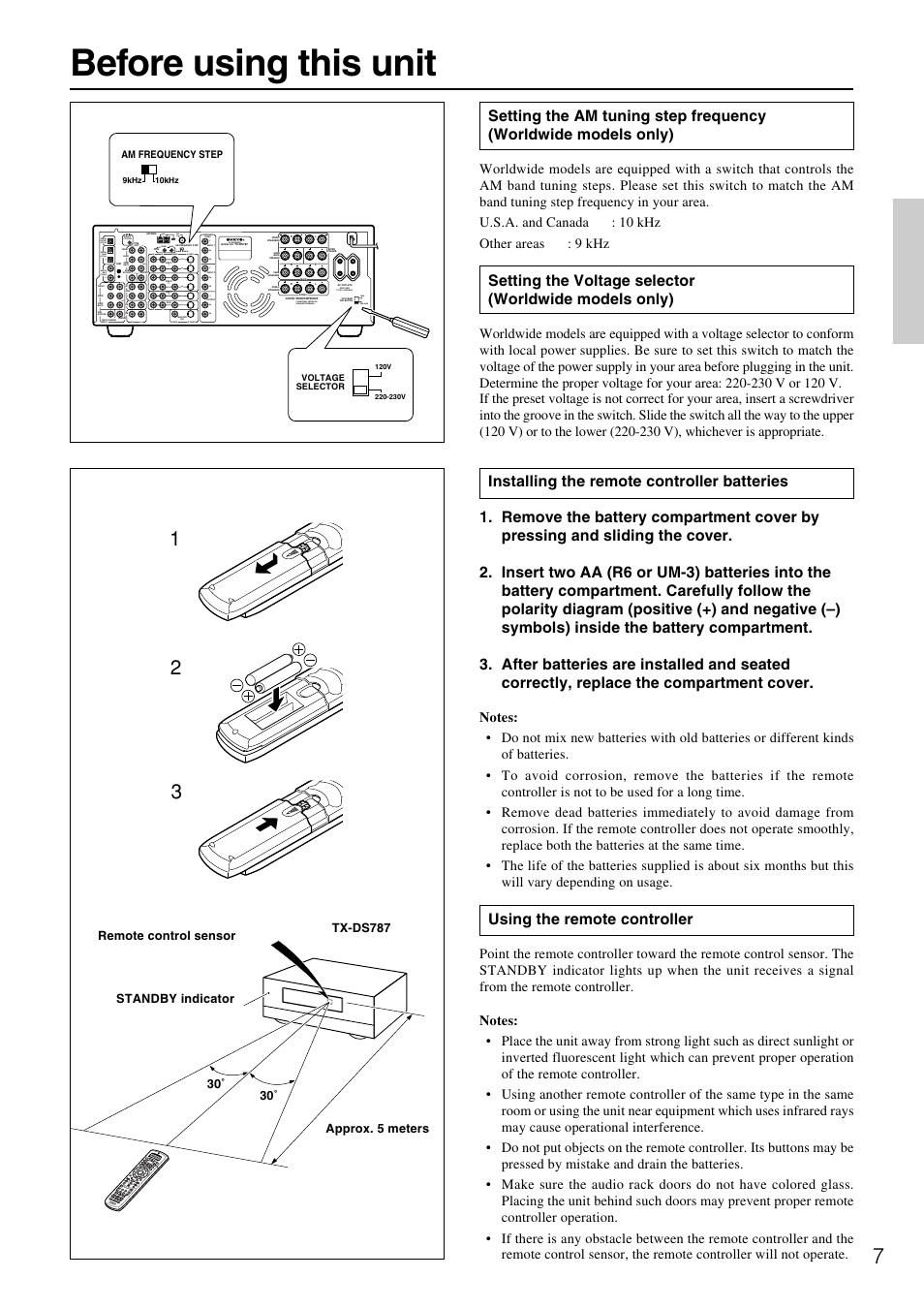 Before using this unit, Using the remote controller, Rc-3 90m | Pb pr y pb pr y pb pr y, Remote control, Rl (sb), Video s video, Rl av receiver, Am in fm 75, 6 ohms min. per each speaker terminal | Onkyo TX-DS787 User Manual | Page 7 / 76