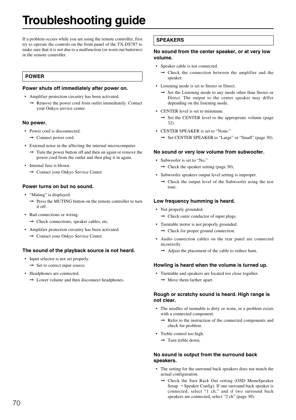 Troubleshooting guide | Onkyo TX-DS787 User Manual | Page 70 / 76
