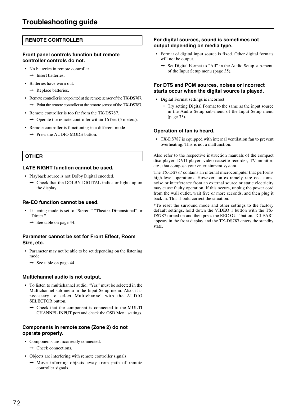 Troubleshooting guide | Onkyo TX-DS787 User Manual | Page 72 / 76