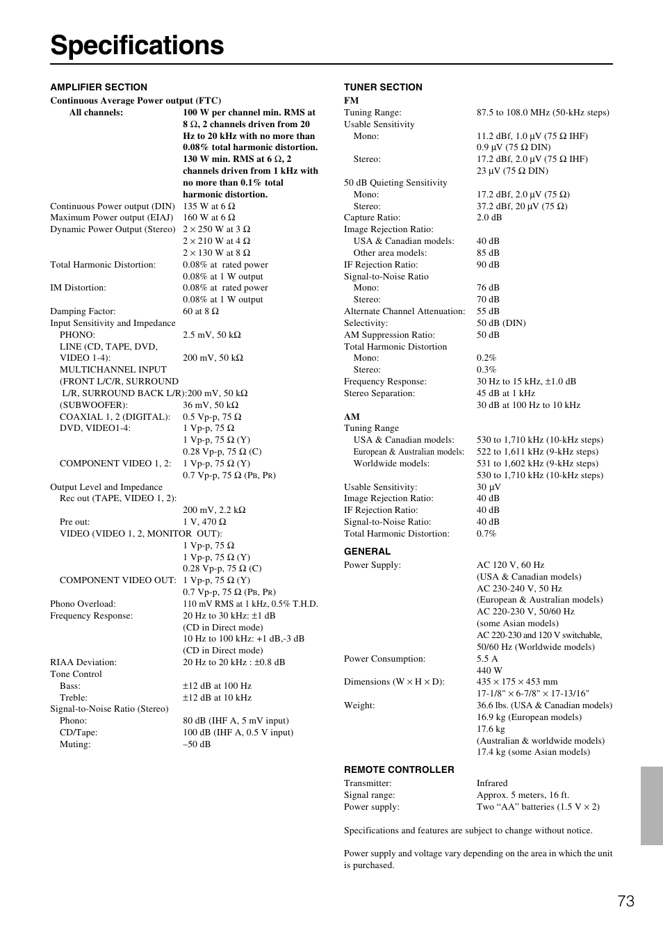 Specifications | Onkyo TX-DS787 User Manual | Page 73 / 76