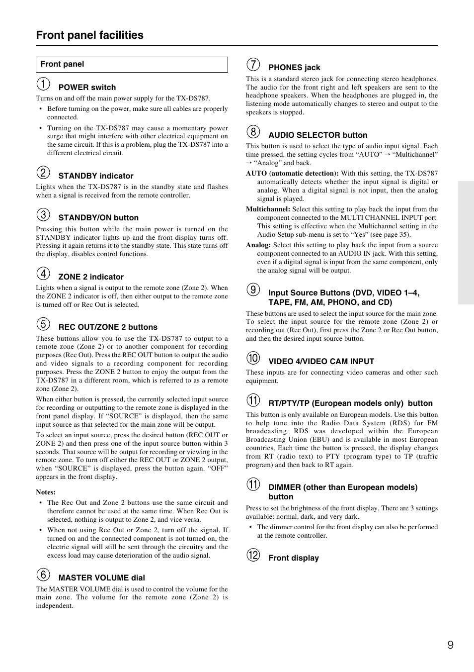 9front panel facilities | Onkyo TX-DS787 User Manual | Page 9 / 76