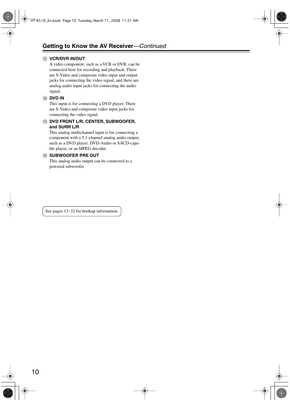 Getting to know the av receiver —continued | Onkyo HT-R518 User Manual | Page 10 / 80