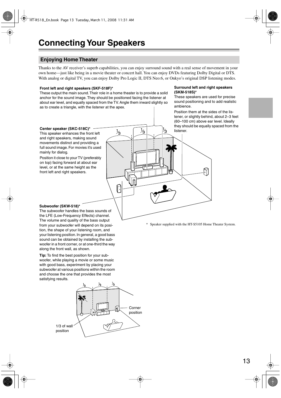 Connecting your speakers | Onkyo HT-R518 User Manual | Page 13 / 80