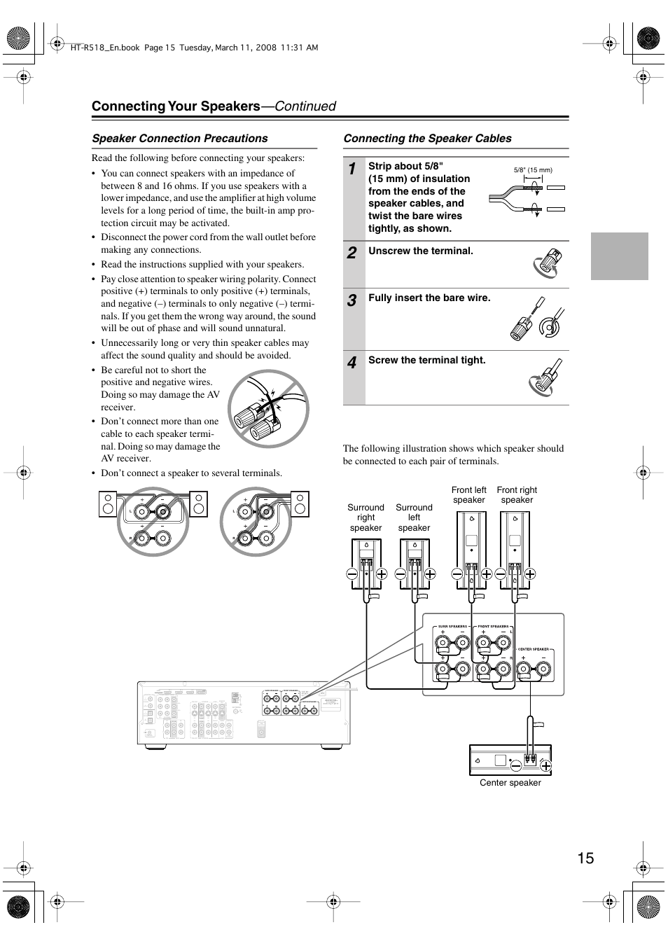 Connecting your speakers —continued, Speaker connection precautions, Connecting the speaker cables | Onkyo HT-R518 User Manual | Page 15 / 80