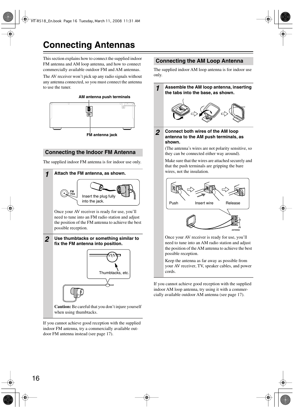 Connecting antennas | Onkyo HT-R518 User Manual | Page 16 / 80