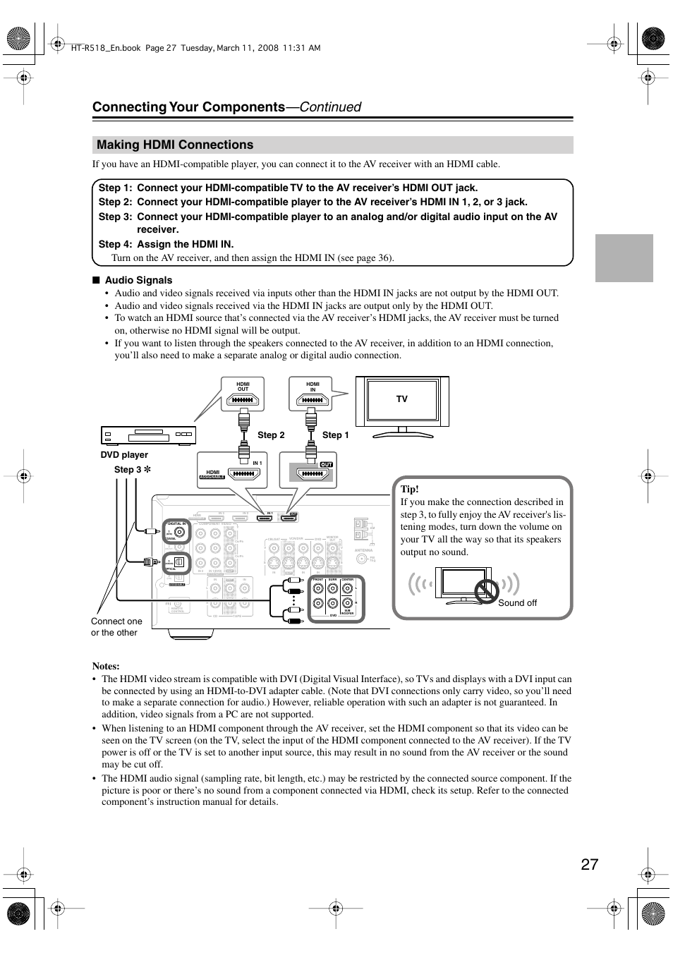 Connecting your components —continued, Making hdmi connections, Step 2 | Onkyo HT-R518 User Manual | Page 27 / 80