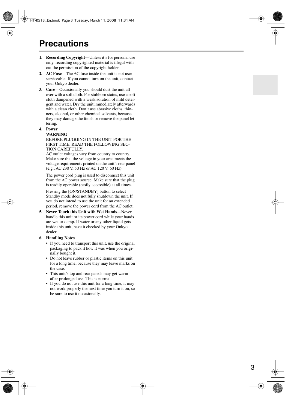 Precautions | Onkyo HT-R518 User Manual | Page 3 / 80