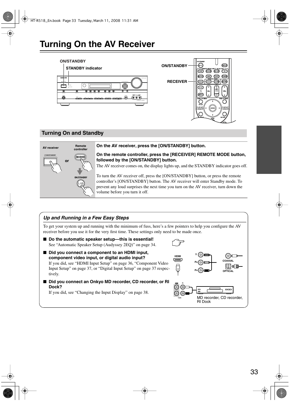 Turning on the av receiver, Turning on and standby, Up and running in a few easy steps | Onkyo HT-R518 User Manual | Page 33 / 80