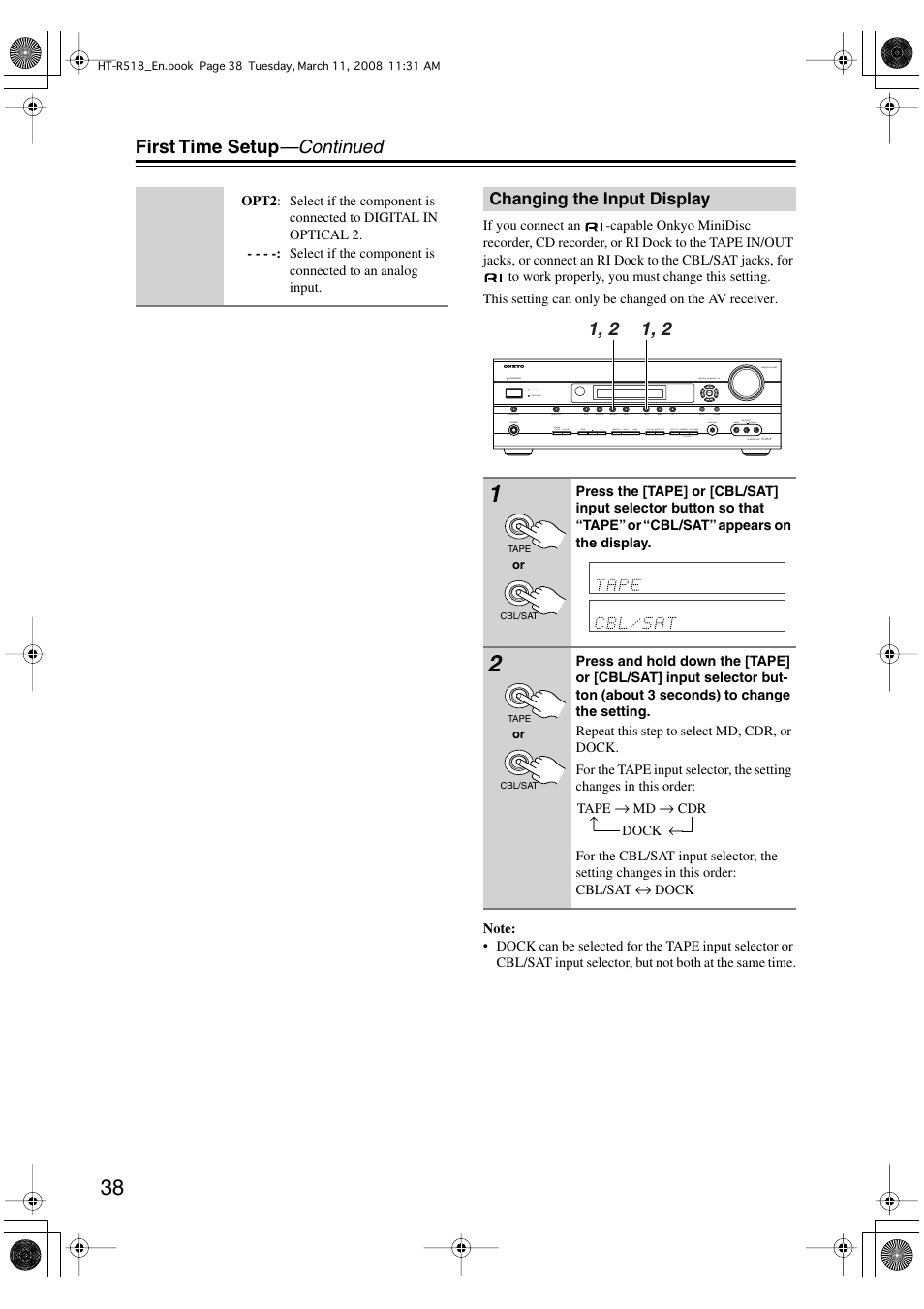 First time setup —continued, Changing the input display | Onkyo HT-R518 User Manual | Page 38 / 80