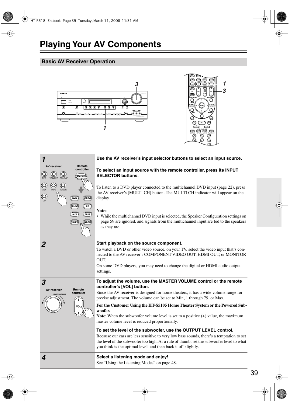 Playing your av components, Basic av receiver operation | Onkyo HT-R518 User Manual | Page 39 / 80