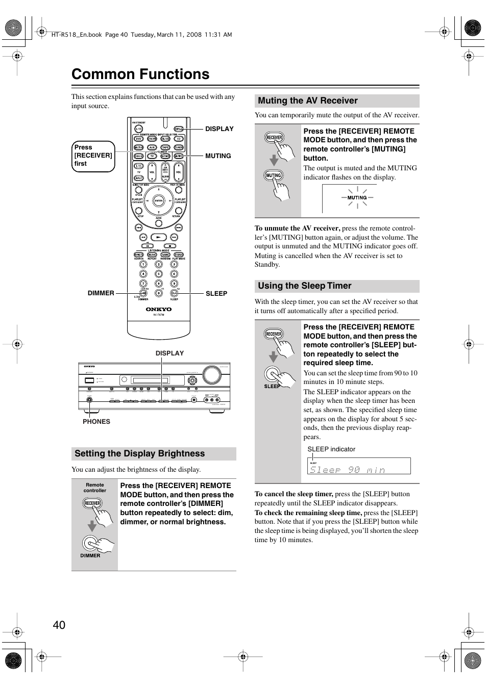 Common functions, Setting the display brightness, Muting the av receiver | Using the sleep timer | Onkyo HT-R518 User Manual | Page 40 / 80