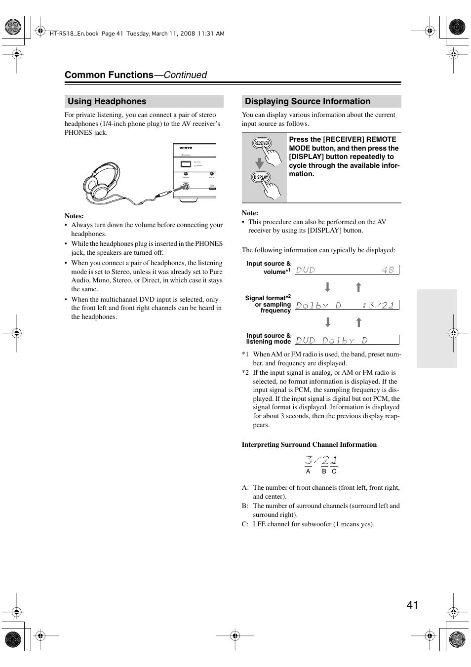 Common functions —continued, Using headphones, Displaying source information | Onkyo HT-R518 User Manual | Page 41 / 80
