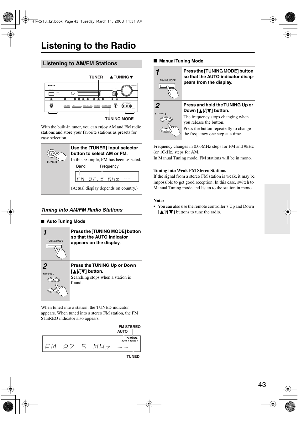 Listening to the radio, Listening to am/fm stations | Onkyo HT-R518 User Manual | Page 43 / 80