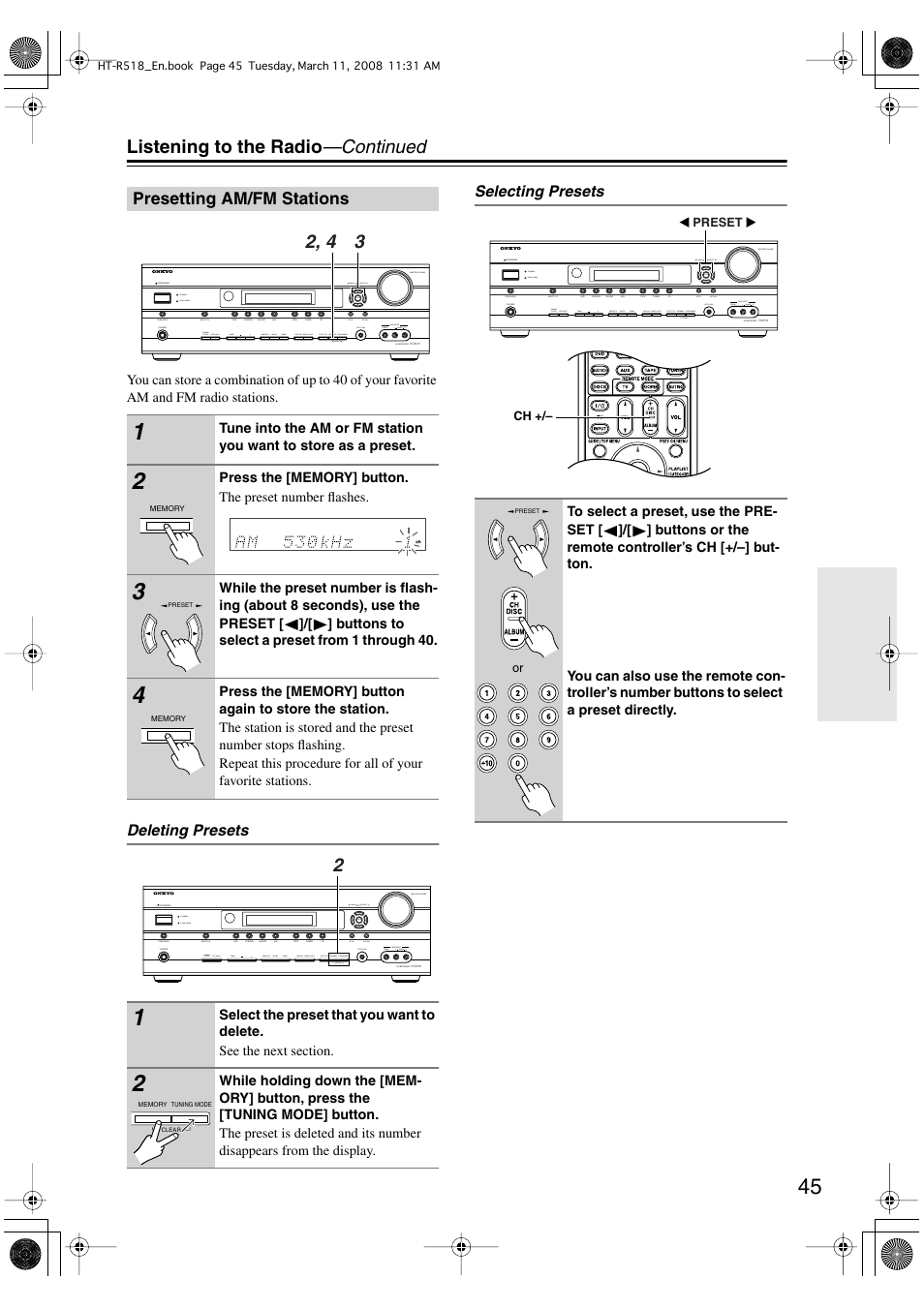Listening to the radio —continued, Presetting am/fm stations, Deleting presets selecting presets | Onkyo HT-R518 User Manual | Page 45 / 80