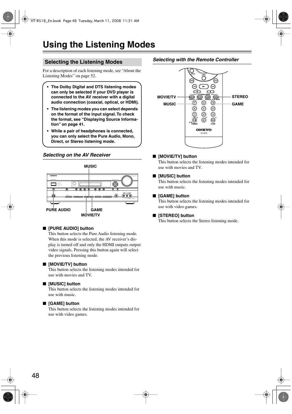 Using the listening modes, Selecting the listening modes | Onkyo HT-R518 User Manual | Page 48 / 80