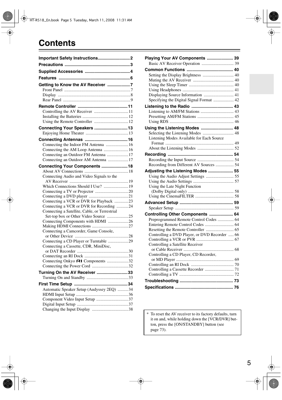 Onkyo HT-R518 User Manual | Page 5 / 80