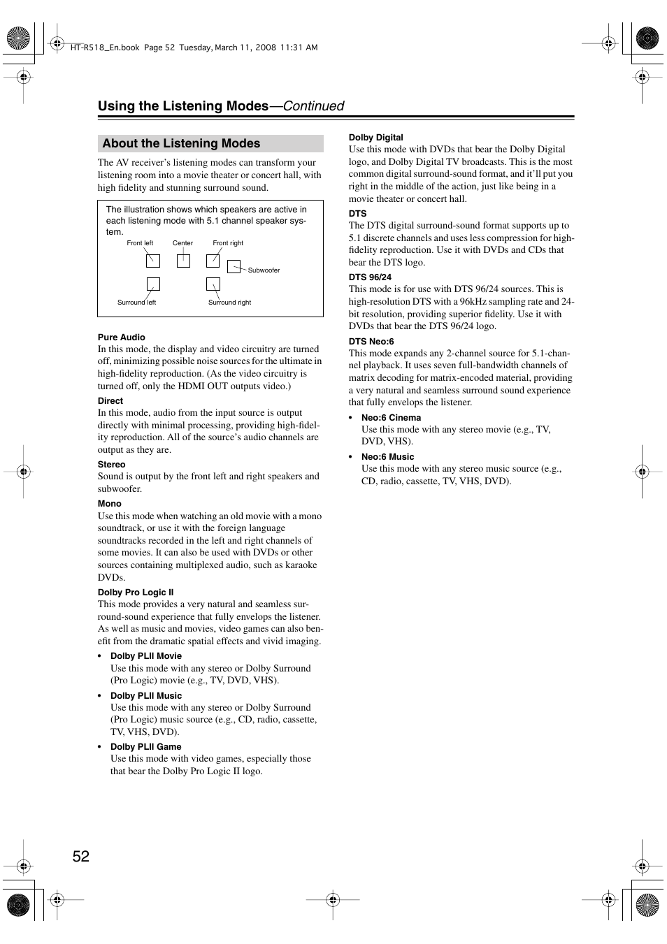 Using the listening modes —continued, About the listening modes | Onkyo HT-R518 User Manual | Page 52 / 80