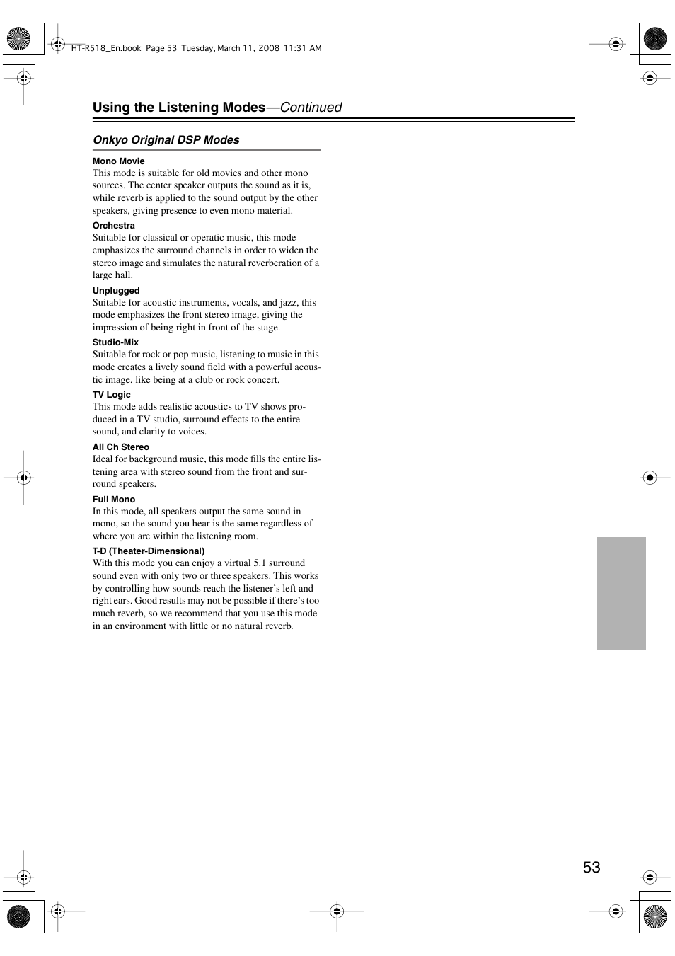 Using the listening modes —continued | Onkyo HT-R518 User Manual | Page 53 / 80