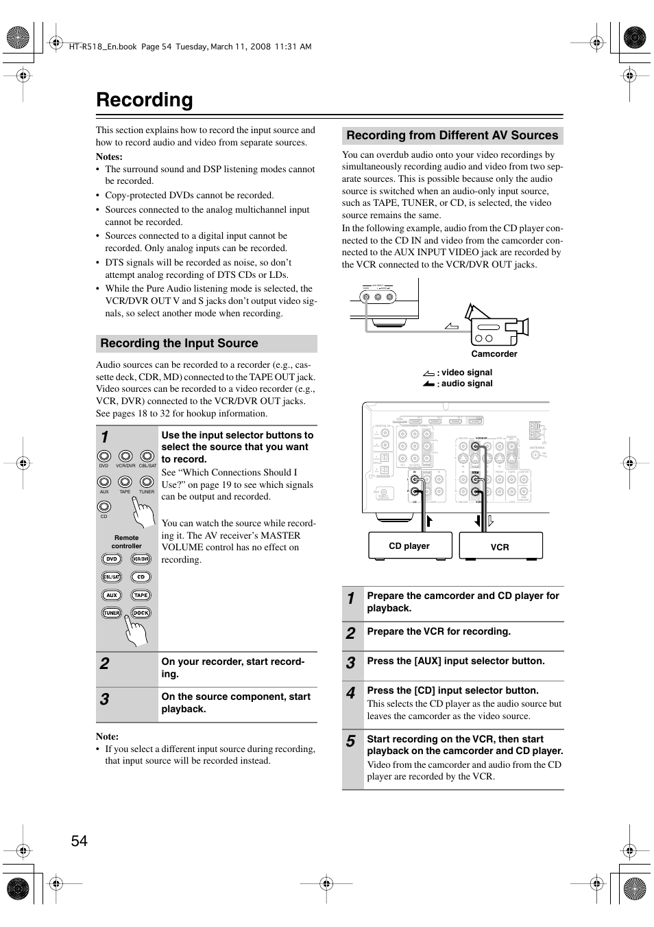 Recording, Recording the input source, Recording from different av sources | On your recorder, start record- ing, On the source component, start playback, Prepare the camcorder and cd player for playback, Prepare the vcr for recording, Press the [aux] input selector button | Onkyo HT-R518 User Manual | Page 54 / 80