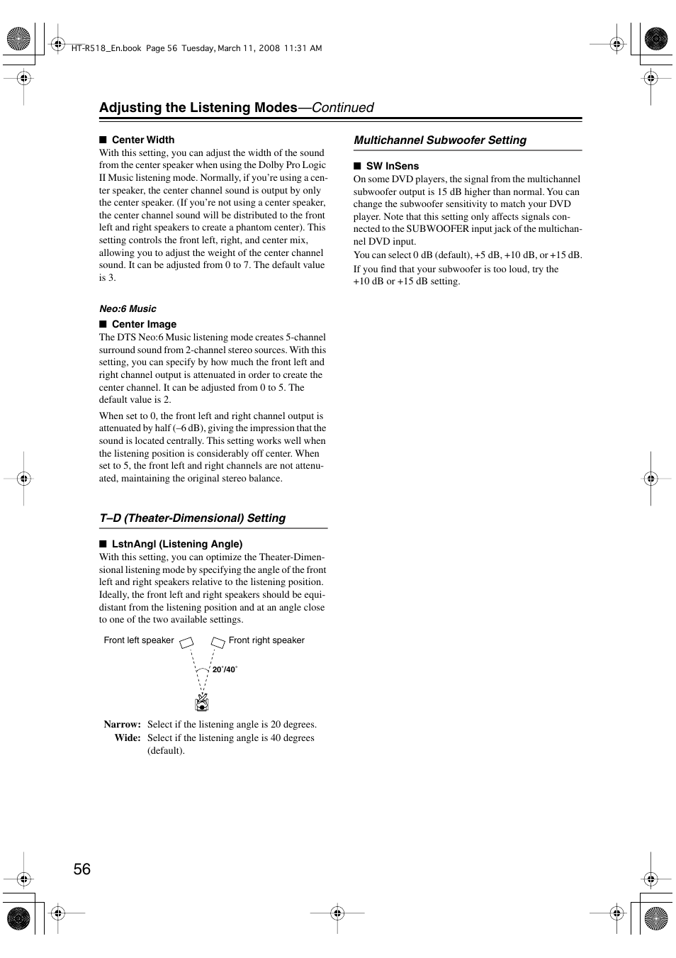 Adjusting the listening modes —continued | Onkyo HT-R518 User Manual | Page 56 / 80