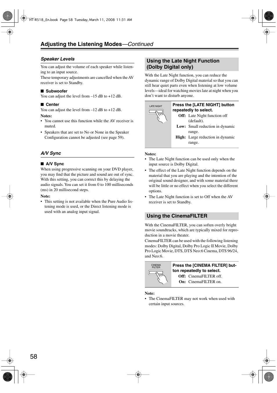 Adjusting the listening modes —continued | Onkyo HT-R518 User Manual | Page 58 / 80