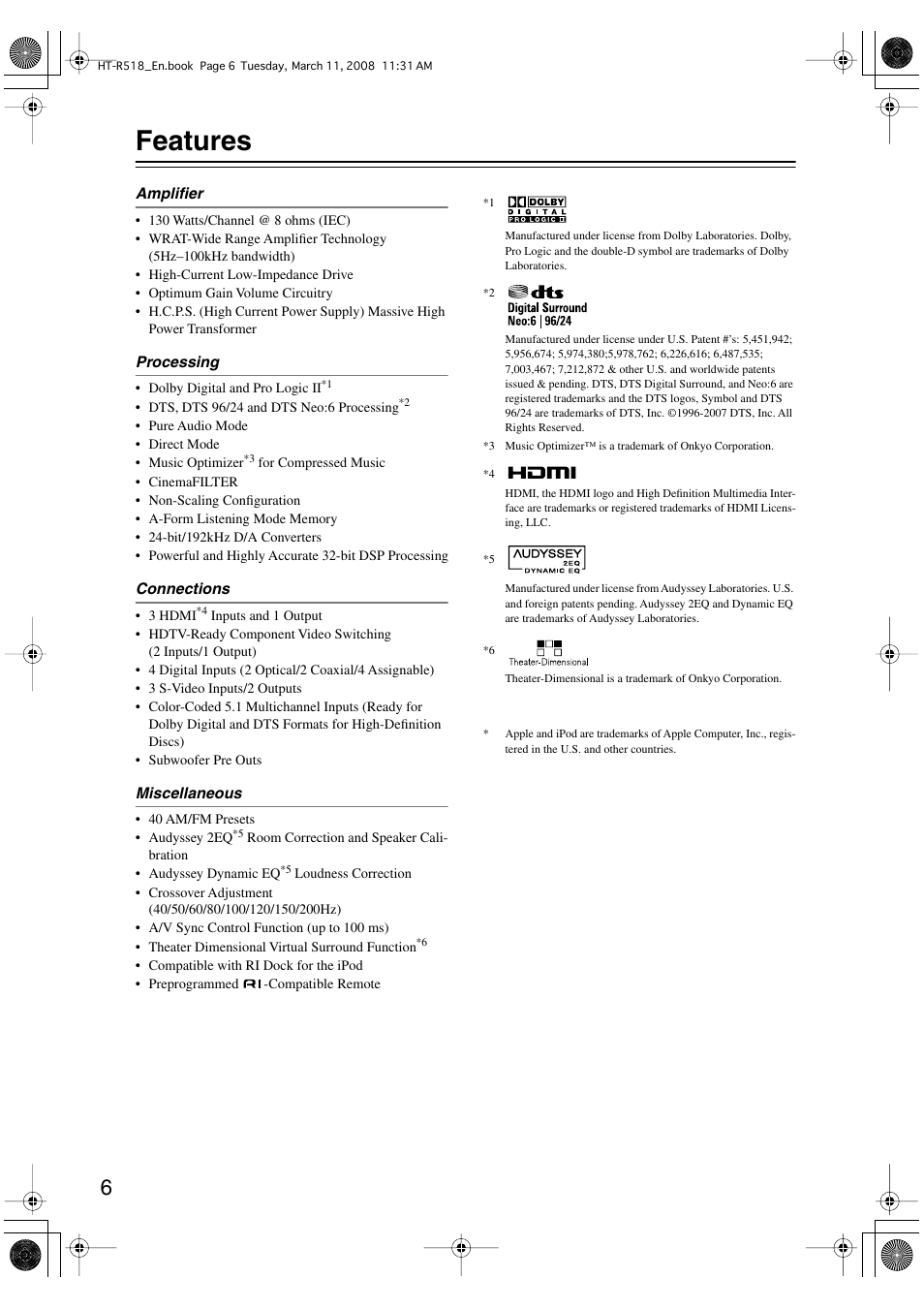 Features | Onkyo HT-R518 User Manual | Page 6 / 80