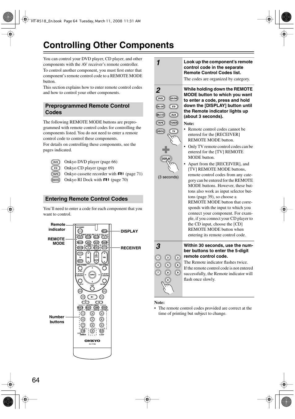 Controlling other components | Onkyo HT-R518 User Manual | Page 64 / 80