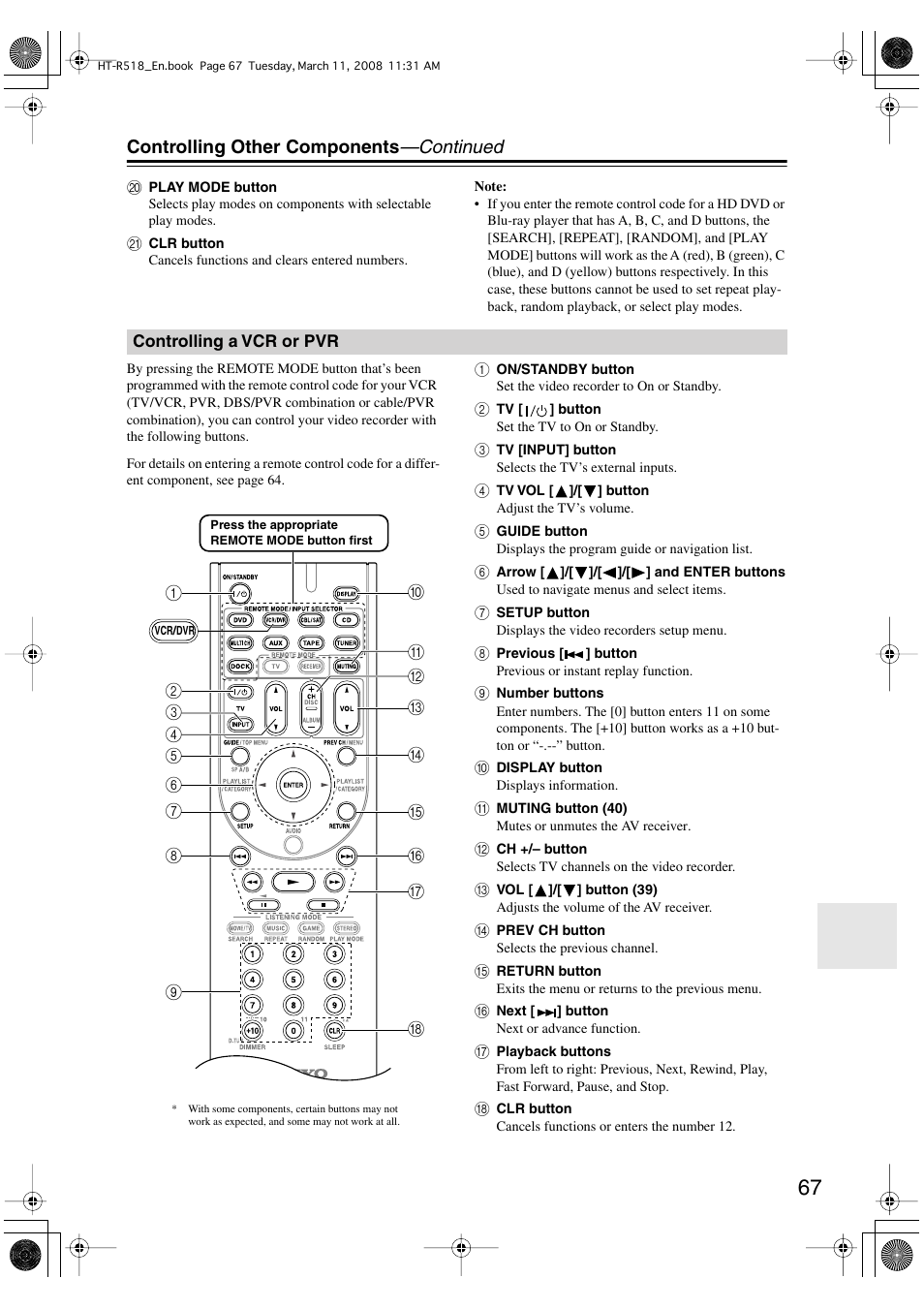 Controlling other components —continued | Onkyo HT-R518 User Manual | Page 67 / 80