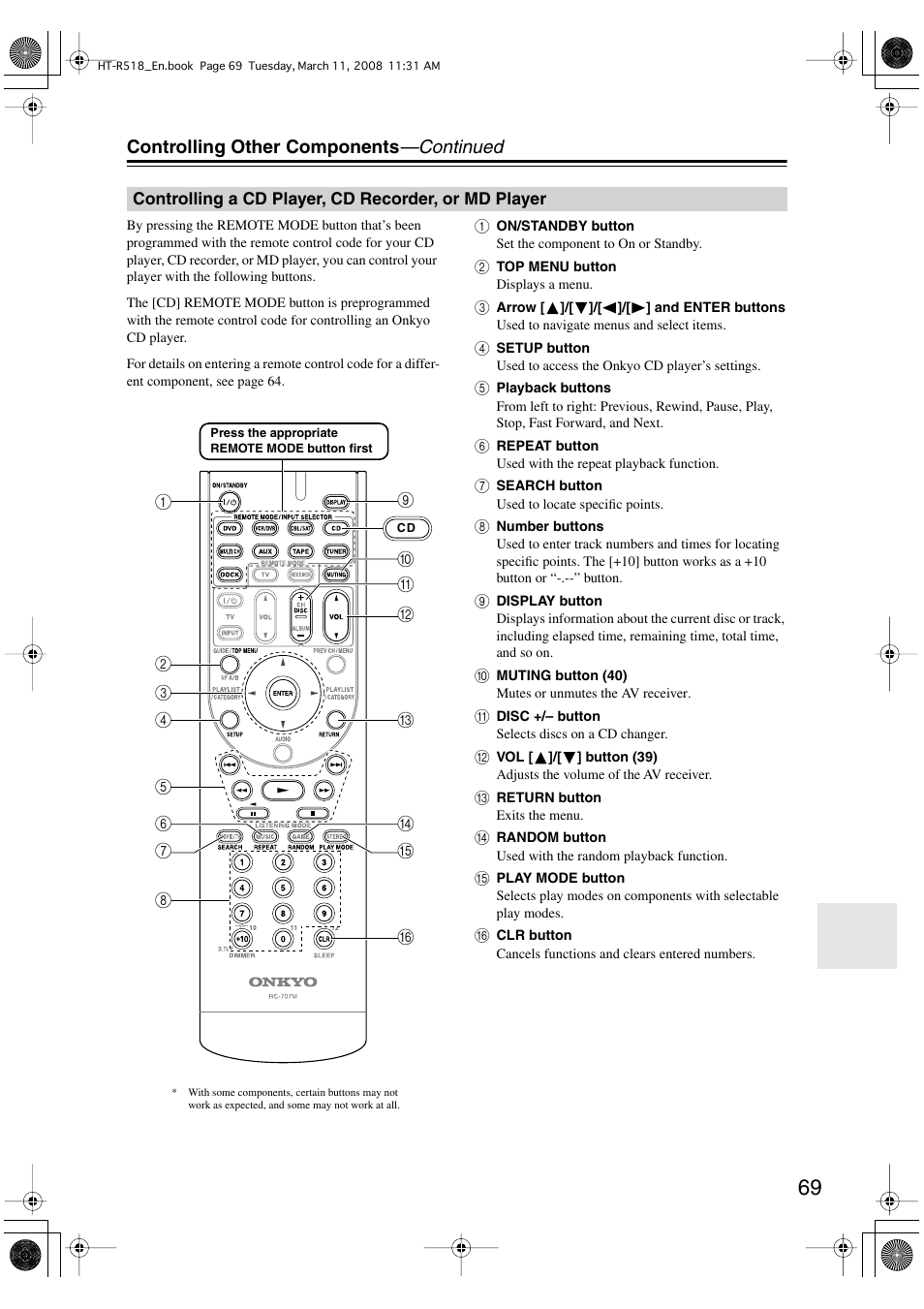 Controlling other components —continued | Onkyo HT-R518 User Manual | Page 69 / 80