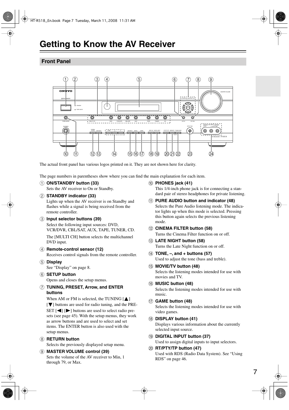 Getting to know the av receiver, Front panel | Onkyo HT-R518 User Manual | Page 7 / 80