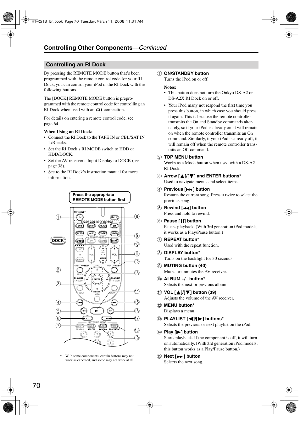 Controlling other components —continued | Onkyo HT-R518 User Manual | Page 70 / 80