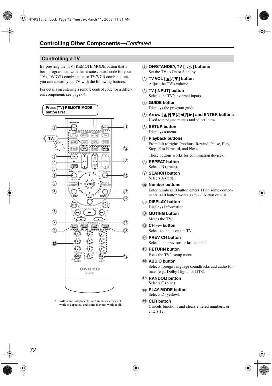 Controlling other components —continued | Onkyo HT-R518 User Manual | Page 72 / 80