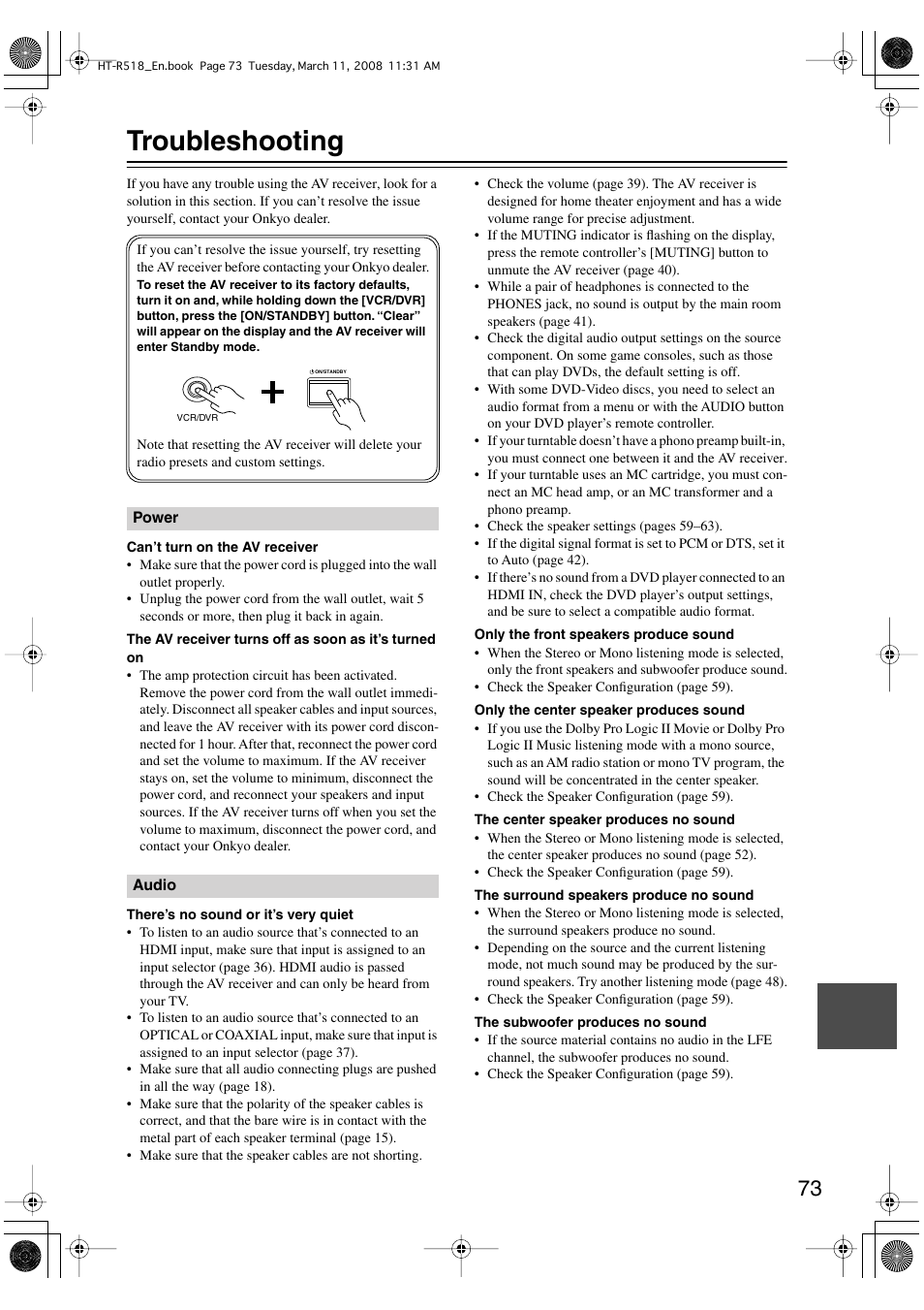 Troubleshooting | Onkyo HT-R518 User Manual | Page 73 / 80