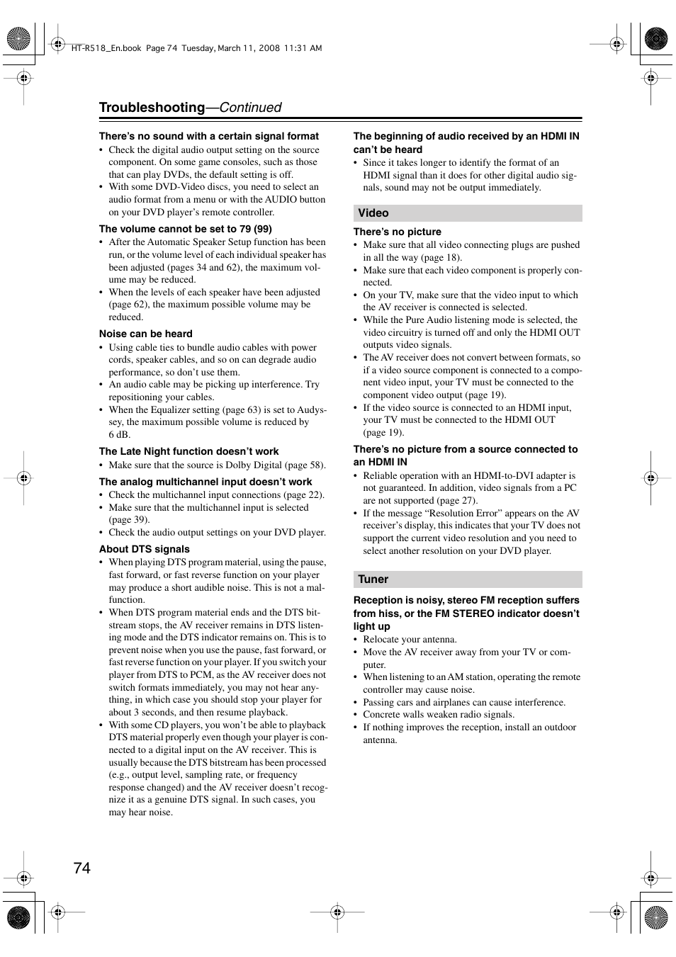 Troubleshooting —continued | Onkyo HT-R518 User Manual | Page 74 / 80