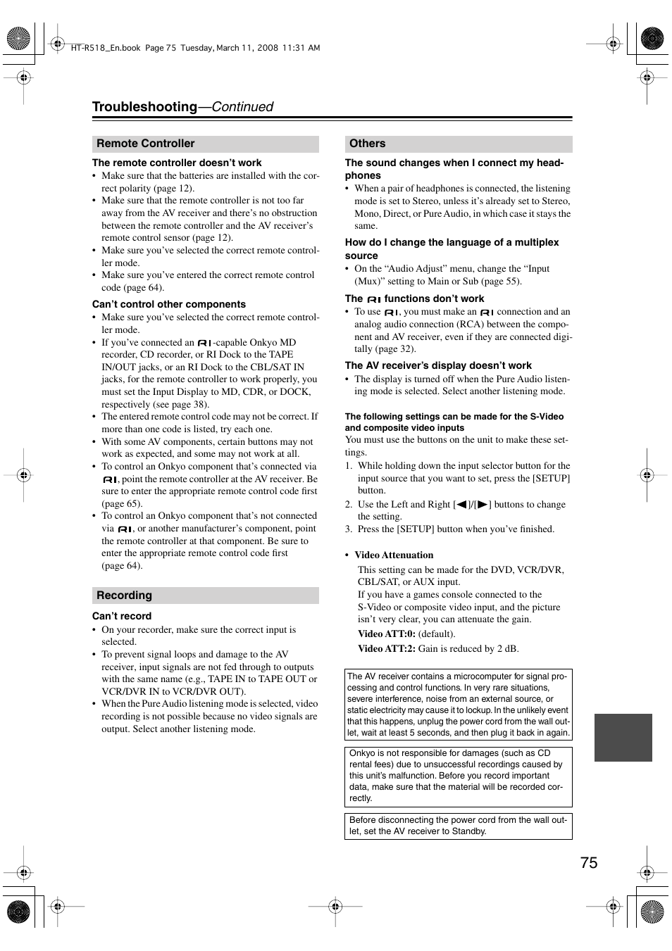 Troubleshooting —continued | Onkyo HT-R518 User Manual | Page 75 / 80