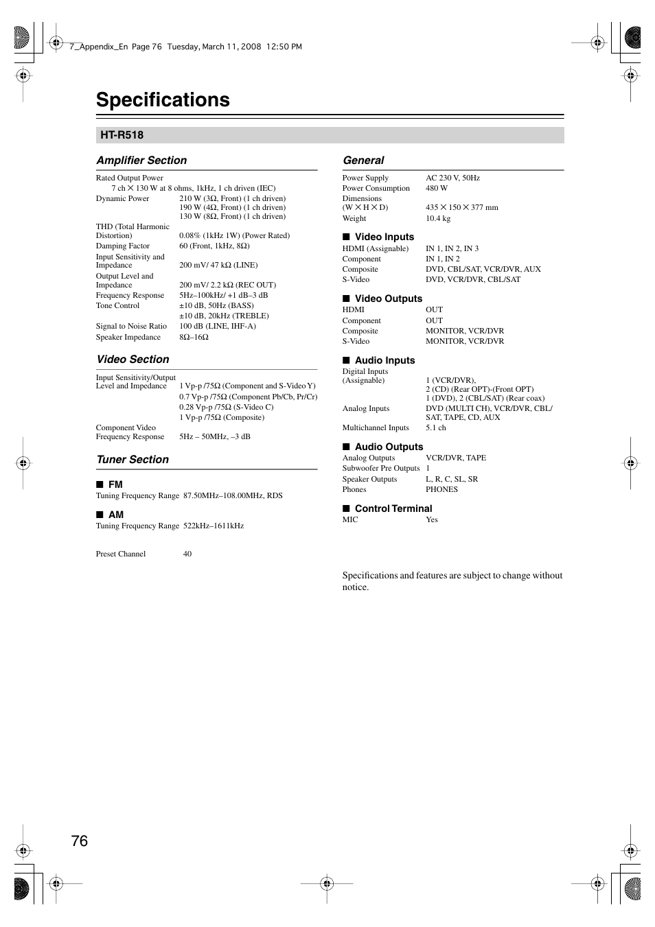 Specifications | Onkyo HT-R518 User Manual | Page 76 / 80