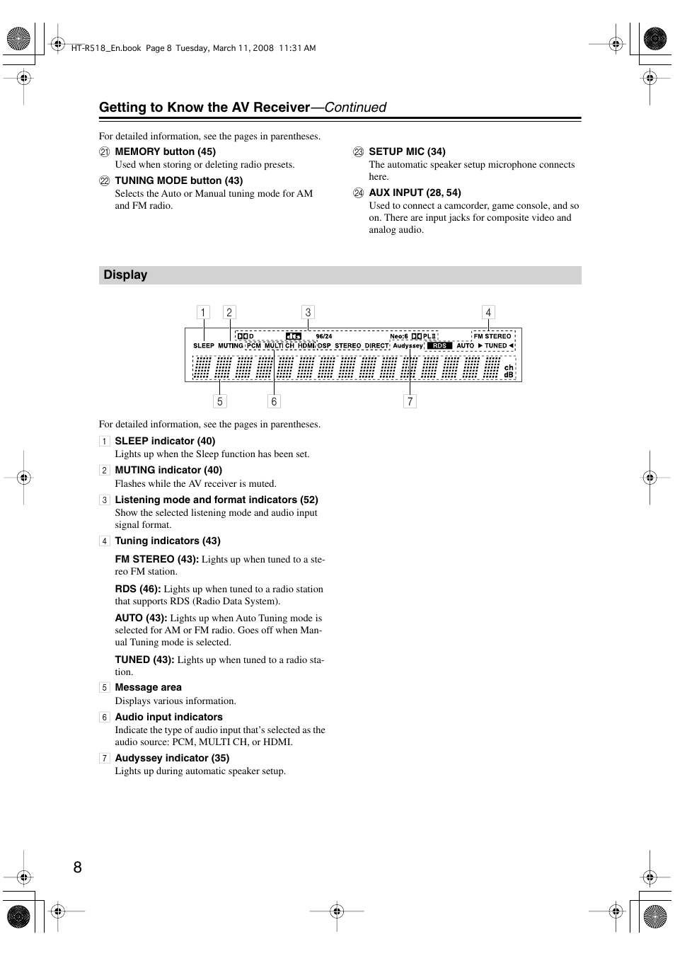 Getting to know the av receiver —continued | Onkyo HT-R518 User Manual | Page 8 / 80