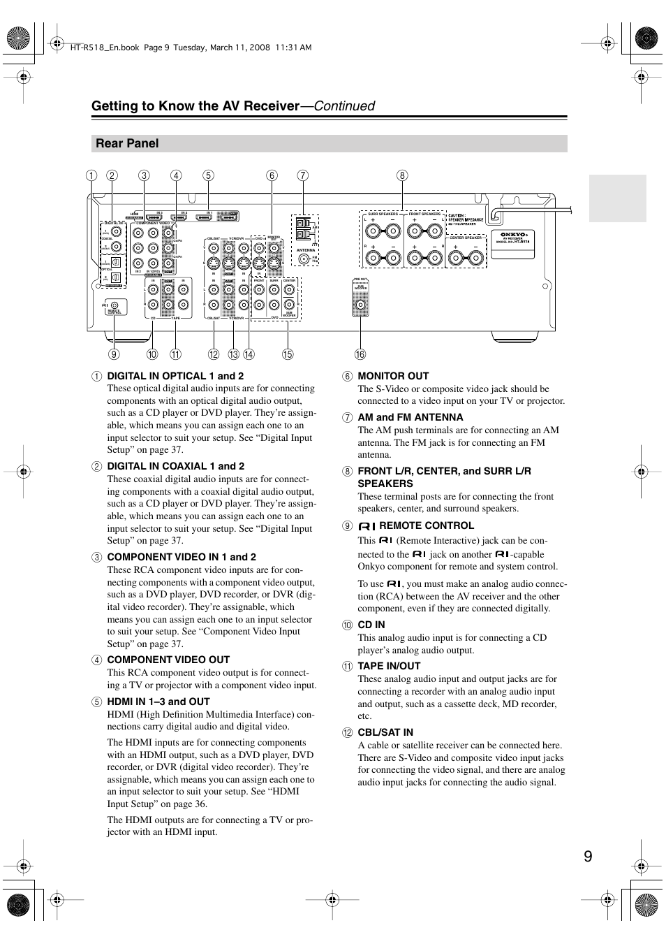 Getting to know the av receiver —continued, Rear panel | Onkyo HT-R518 User Manual | Page 9 / 80