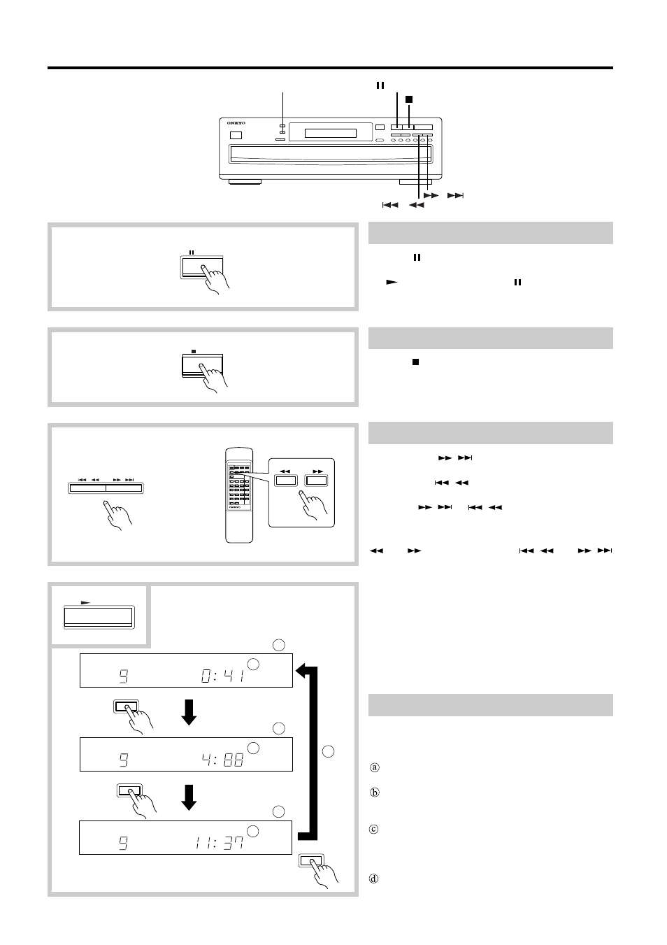 Playing cds, Bd a c, Search play | Stopping playback temporarily, Stopping playback, Checking the elapsed or remaining time | Onkyo DX-C370 User Manual | Page 9 / 16